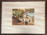 tableau représentant un couple et leur chien devant une grange