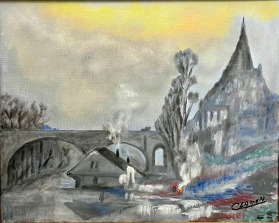 une peinture représentant une peinture d'un train traversant un pont