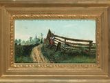 an image of a painting of a horse drawn carriage on a country road