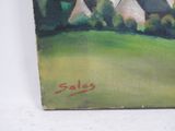 a picture of a painting of a house in a field