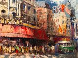 une peinture à l'huile représentant une scène de rue en ville avec un bus et des passants