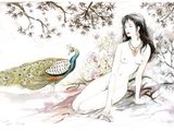 a painting of a woman sitting on a tree branch next to a peacock