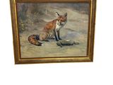 une peinture à l'huile représentant un renard et un oiseau mort gisant au sol