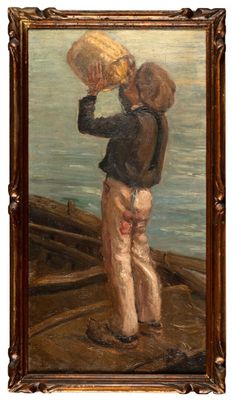 an image of a painting of a boy with a hat on a boat