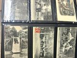 beaucoup de photos en noir et blanc posées sur une table