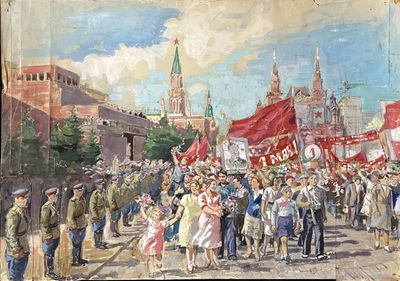 un tableau représentant une foule de gens marchant dans la rue