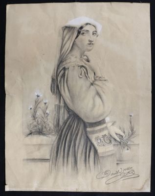 an old drawing of a woman with a book in her hand