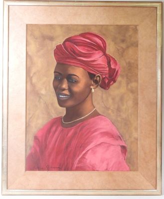 painting of a woman with a pink turban and pearl necklace