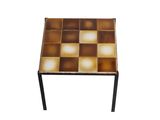brown and white checkered tile side table with black metal legs