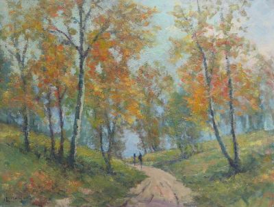 tableau représentant un homme marchant sur un chemin de terre dans les bois