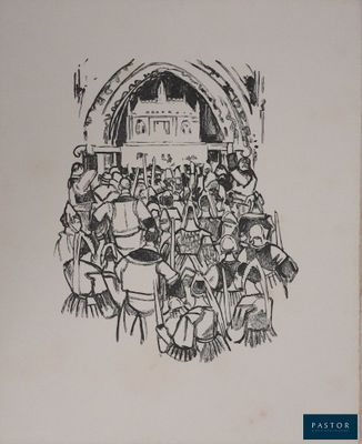 dessin représentant un groupe de personnes assises à une table devant un bâtiment
