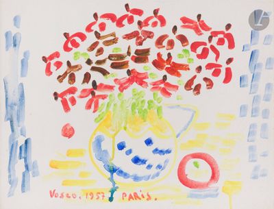 a drawing of a vase of flowers on a table