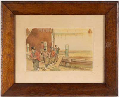 une image représentant un tableau montrant un groupe de personnes sur un quai
