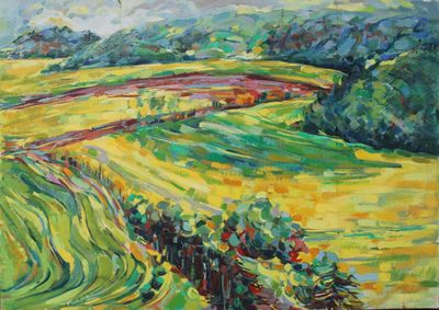 an oil painting of a field with trees in the distance