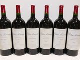 six bottles of red wine lined up in a row on a table