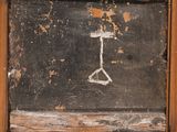painting of a wine glass on a piece of wood in a wooden frame