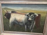a painting of two cows in a field with mountains in the background