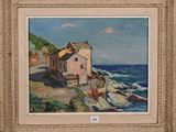 une peinture à l'huile représentant une maison située sur une falaise surplombant l'océan