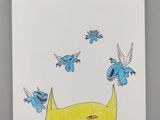drawing of a yellow batman mask with blue birds flying around it