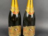 two bottles of champagne on a grey background