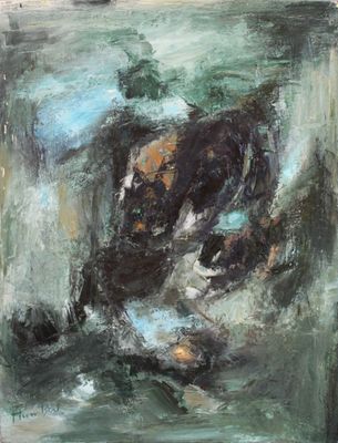 an oil painting of a dog sitting on a couch in a living room
