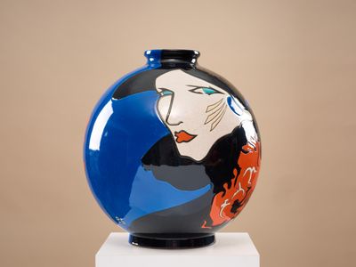 LONGWY "Harper's Bazar" Vase boule coloniale en faïence émai…