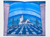 a picture of a painting of a church on a hill
