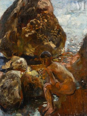 une peinture à l'huile représentant un homme assis sur un rocher au bord d'un plan d'eau