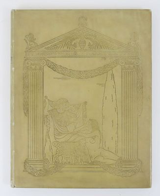 an old book with a drawing of a man sitting on a throne