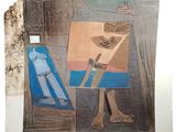 a drawing of a man holding a knife and a box