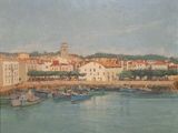 a painting of a harbor scene with boats in the water