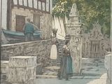 un tableau représentant une femme debout sur les marches d'un immeuble