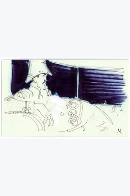 un dessin représentant un homme assis sur un lit avec un chat