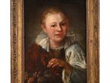 un tableau représentant un jeune garçon tenant une grappe de raisin