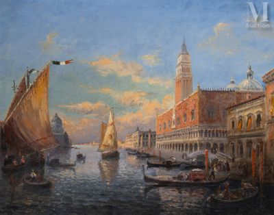 un tableau représentant des bateaux sur l'eau près d'une ville