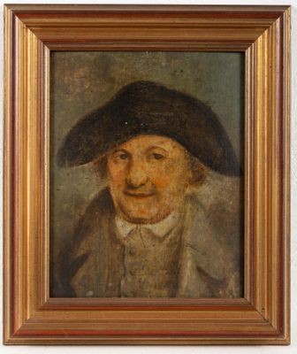 un vieux tableau représentant un homme portant un chapeau et un manteau