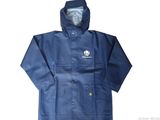 blue rain jacket with hood and logo on the chest