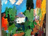 an oil painting of a landscape with trees and a house in the distance