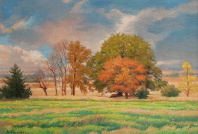 an oil painting of a field with trees and a barn in the distance