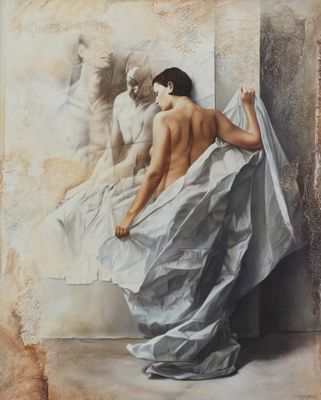 une image d'un tableau représentant une femme en robe blanche