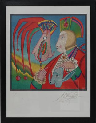 tableau représentant un homme et une femme vêtue d'un manteau rouge et tenant un éventail