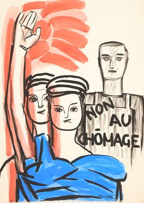 painting of a woman and a man holding a sign that says non au honage
