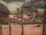 a painting on the wall of a room with a view of a farm