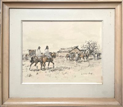 painting of a group of men riding horses in a field