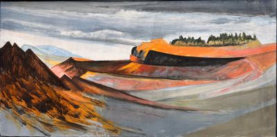 une peinture à l'huile d'un paysage avec une montagne en arrière-plan