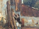 a painting of a man standing in front of a wall