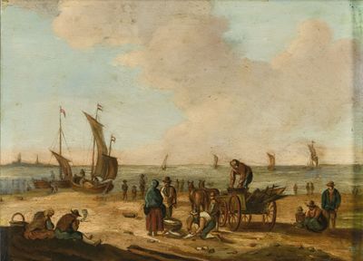 an image of a painting of people on a beach with boats in the background