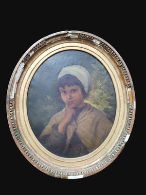 painting of a young girl in a white bonnet in a gold frame