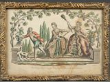 une vieille photo représentant un tableau où l'on voit un homme et une femme dans un jardin