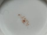 a white plate with a brown stain on it